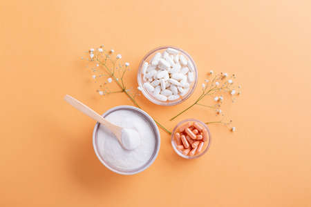 Different types of collagen for skin care flat lay on bright background, copy spaceの写真素材