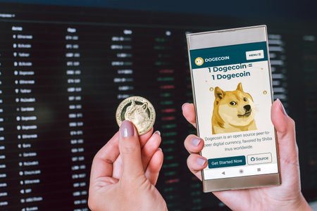 Empuriabrava, Spain, June 2021 - Woman holding cryptocurrency Dogecoin and smartphone with Dogecoin website on background of cryptocurrency rates graphicsのeditorial素材
