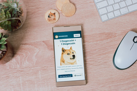 Empuriabrava, Spain, June 2021 - Dogecoin token and smartphone with Dogecoin website, concept of...