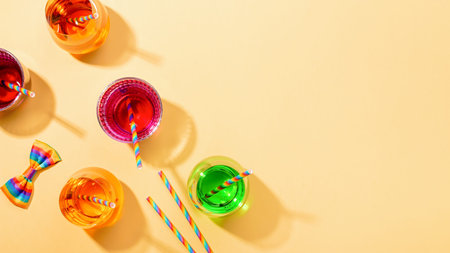 Multicolor drinks for party with rainbow drinking straws and long shadows, LGBT party concept, copy...