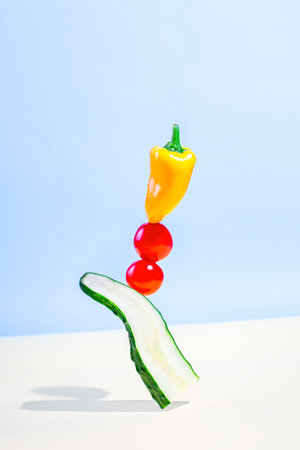 Creative food balance, vegetables equilibrium shot on blue background.の写真素材