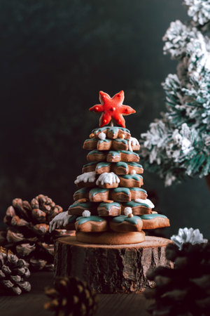 Gingerbread Christmas tree on table with seasonal decor and natural pine cones on dark background,...