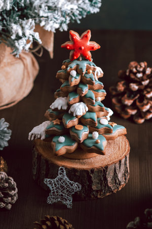 Gingerbread Christmas tree on table with seasonal decor and natural pine cones on dark background,...