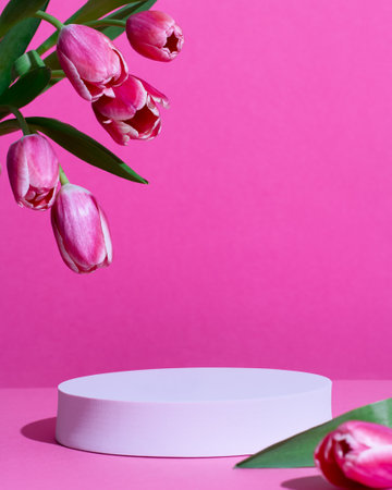 Pink podium for product display on pink with tulips flowers in hard lightの写真素材