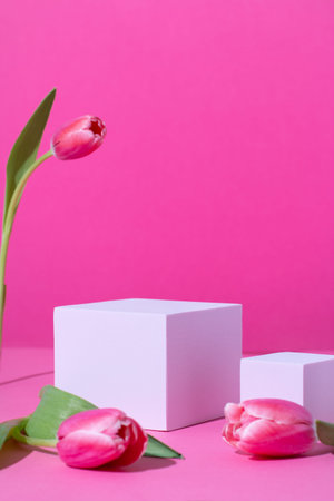 Pink podium for product display on pink with tulips flowers in hard light