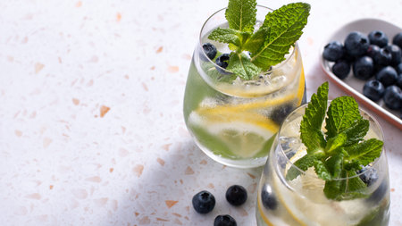 Blackberry and lemon refreshing summer cocktail with berries and citrus fruit
