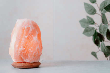Himalayan salt lamp on table with home plants and book, stress control, calming home decor. Natural salt lamp to reduce stress and purify airの写真素材