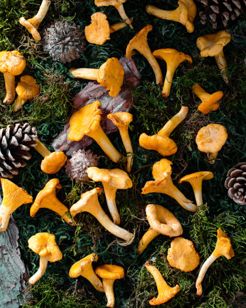 Autumn background with chanterelle mushrooms, pine cones and moss, top viewの写真素材