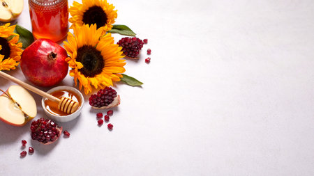Frame with honey, apple, pomegranate and flowers on bright gray concrete background, Rosh Hashanah frame background, copy spaceの写真素材