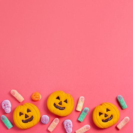 Halloween sweet background frame with scary pumpkin cookies, candy and Halloween decor on pink table, copy space, top viewの写真素材