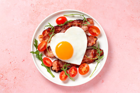 Fried eggs in heart shape, bacon and vegetables on white plate - surprise breakfast for husband or boyfriend on Valentines Day or Fathers Day. Men's Breakfast, minimal styleの写真素材