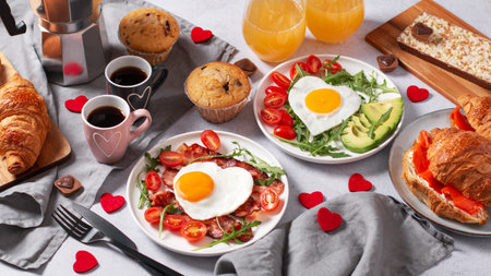 Fried eggs in heart shape, bacon, avocado and vegetables on two white plates, coffee cups and muffins- couple breakfast on Valentines Day or honeymoon on gray backgroundの写真素材