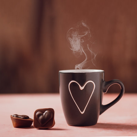 Coffee cup with heart and two heart shaped chocolates on wooden background.の写真素材