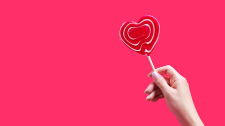 Woman hand holding red heart lollipop on red background, card for Valentines Day celebration.の写真素材