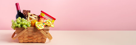 Purim basket, Purim gift basket with foods, wine, gragger and carnival costume accessories on pink, web banner, copy spaceの写真素材