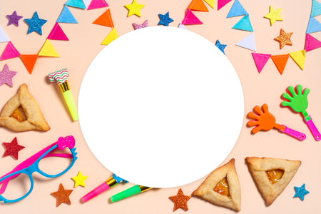 Purim frame, carnival background with traditional cookies, costume accessories and decor on bright light background, web banner, copy spaceの写真素材