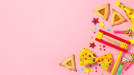 Purim carnival frame with traditional cookies, costume accessories and decor on pastel pink backgroundの写真素材