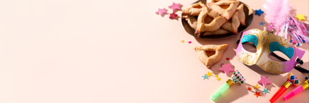 Purim web banner with hamantaschen cookies, carnival mask, holiday decor in hard lightの写真素材