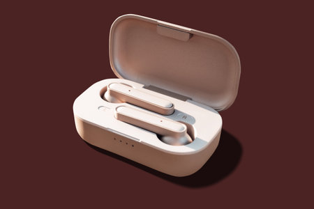 True wireless earbuds in case on natural stone background, top view,closeup, copy spaceの写真素材