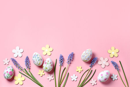 Easter card with flower design eggs, hyacinths, flower decor on pastel pink background, Easter frame in pastel colors, top viewの写真素材