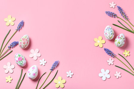 Easter card with flower design eggs, hyacinths, flower decor on pastel pink background, Easter frame in pastel colors, top viewの写真素材
