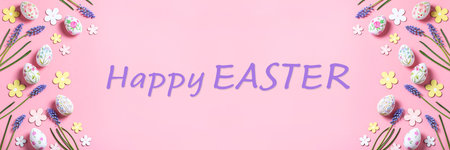 Easter card with flower design eggs, hyacinths and Happy Easter quoteの写真素材
