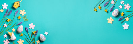 Easter border web banner with flower design eggs, hyacinths, flower decor on spring green backgroundの写真素材