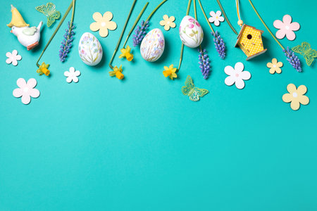 Easter border web banner with flower design eggs, hyacinths, flower decor on spring green backgroundの写真素材