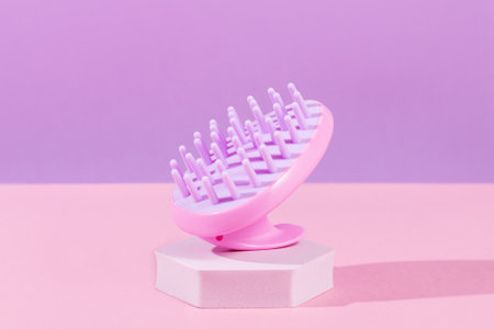 Pink scalp massage and cleansing shampoo brush on purple background, closeupの写真素材