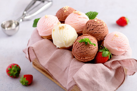 Cones with chocolate, vanilla and strawberry taste in wooden box on light gray tableの写真素材