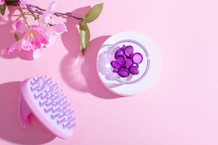 Scalp Massage and Cleansing Shampoo Brush with hair vitamins on pink backgroundの写真素材