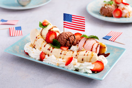 Banana split ice cream with American flag, top viewの写真素材