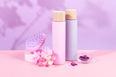 Mockup shampoo and conditioner bottles with shampoo brush and hair vitamins on vibrant pink backgroundの写真素材