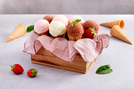 Cones with chocolate, vanilla and strawberry taste in wooden box on light gray tableの写真素材