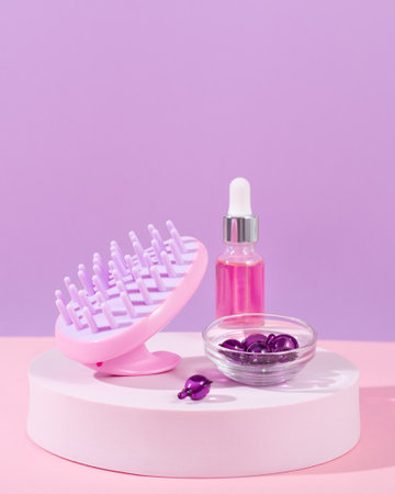 Scalp Massage and Cleansing Shampoo Brush with hair vitamins on pink backgroundの写真素材