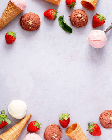 Ice cream cones frame flat lay on light gray tableの写真素材