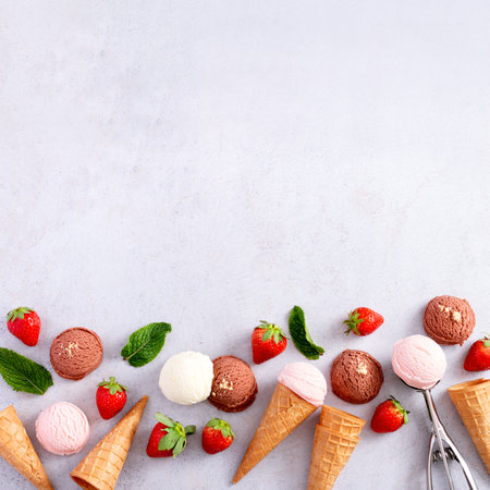 Ice cream cones frame flat lay on light gray tableの写真素材