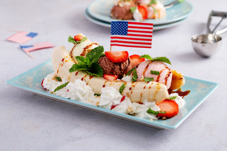 Banana split ice cream with American flag, top viewの写真素材
