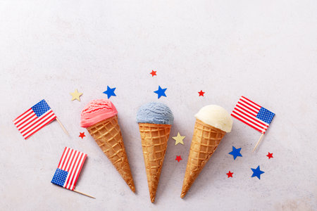 USA flag-inspired ice cream, 4th of July dessert, top viewの写真素材