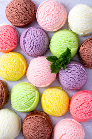 Pastel colored ice cream scoops and cones background on pastel violetの写真素材