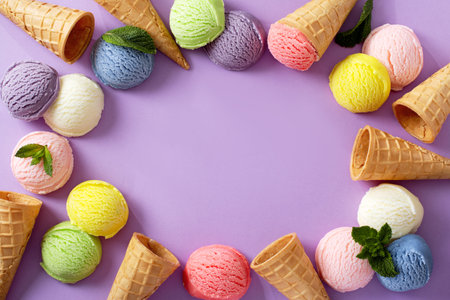 Pastel colored ice cream scoops and cones frame on pastel violet backgroundの写真素材