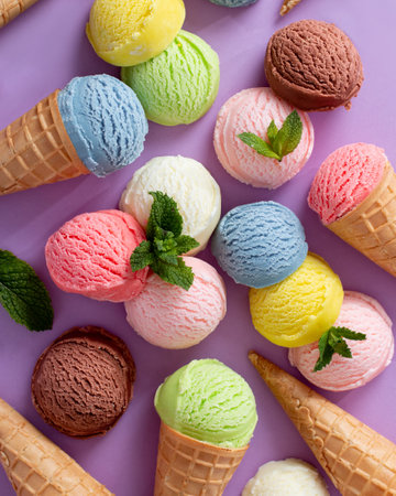 Pastel colored ice cream scoops and cones on pastel violet background, top view, copy space. Different flavor and color ice cream, ice cream background.の写真素材
