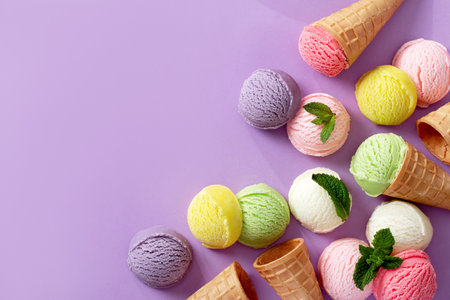 Pastel colored ice cream scoops and cones border on pastel violet background, top view, copy space. Different flavor and color ice cream frame, ice cream background.の写真素材