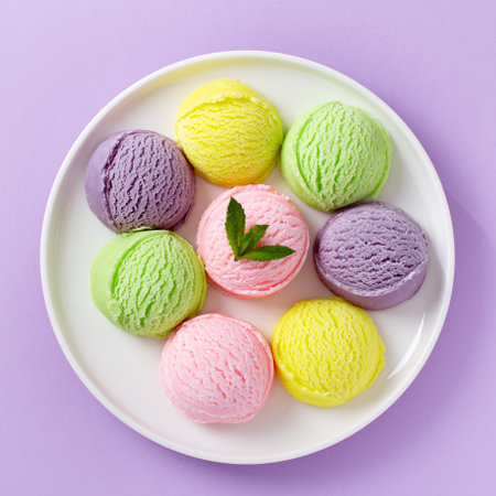 Pastel colored ice cream scoops on white plate, top view.の写真素材
