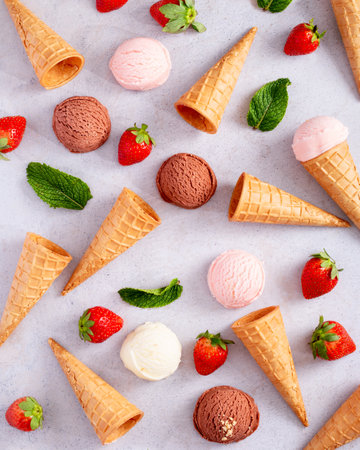 Ice cream cones frame flat lay on light gray tableの写真素材