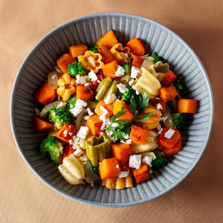 Autumn pasta salad with roasted pumpkin, broccoli, feta cheese on dark wooden background, fall season saladの写真素材
