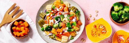 Autumn pasta salad with roasted pumpkin, broccoli, feta cheese on bright light background, fall season saladの写真素材