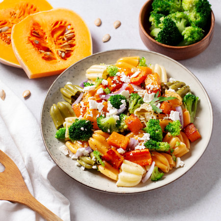 Autumn pasta salad with roasted pumpkin, broccoli, feta cheese on bright light gray background, vivid colors fall season salad, autumn food concept, top viewの写真素材
