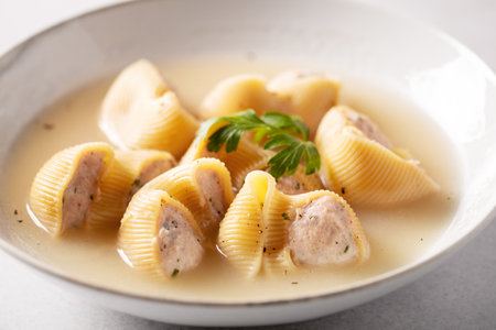 Traditional Catalan Christmas dish Escudella in white plate on table, stuffed pasta in meat broth, top view, copy spaceの写真素材