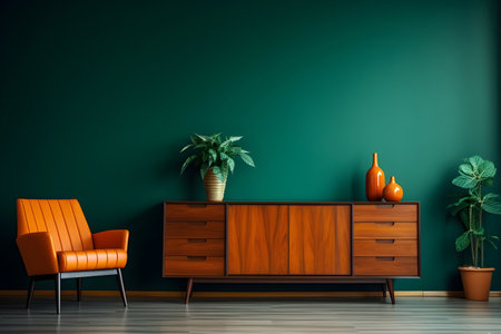 Modern, minimal living room. with wooden furniture and stylish ceramic vases in orange and teal colors, creating an atmosphere of serene eleganceの素材